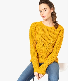 GEMO Pull femme court en grosses mailles avec torsades fantaisie Jaune