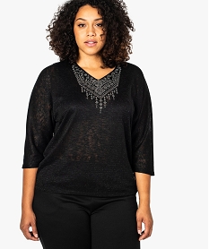 pull femme col v et manches chauve-souris a paillettes et strass noir8338701_1