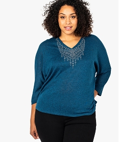 GEMO Pull femme col V et manches chauve-souris à paillettes et strass bleu standard