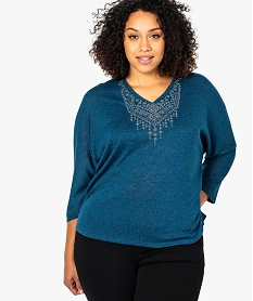 pull femme col v et manches chauve-souris a paillettes et strass bleu8338801_1