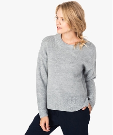 GEMO Pull large pour femme avec bas et poignets en maille fantaisie Gris