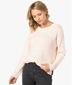 GEMO Pull large pour femme avec bas et poignets en maille fantaisie Rose