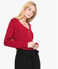 GEMO Pull pour femme à large col v et boutons fantaise Rouge