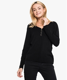 GEMO Pull pour femme à large col v et boutons fantaise noir standard