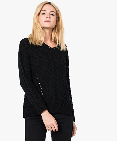 GEMO Pull femme en grosse maille à col V avec petits clous métalliques noir standard