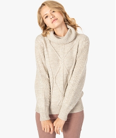 GEMO Pull torsadé pour femme avec grand col roulé Beige