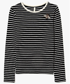 GEMO Tee-shirt fille côtelé à rayures avec patch en strass et perles kaki chine