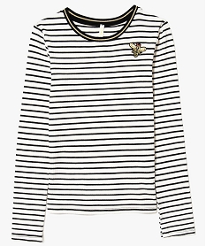 GEMO Tee-shirt fille côtelé à rayures avec patch en strass et perles bleu chine