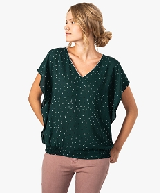 GEMO Blouse femme manches courtes fluide à col V et motifs argentés jaune standard