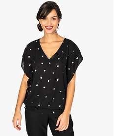 GEMO Blouse femme manches courtes fluide à col V et motifs argentés vert chine