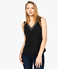 GEMO Débardeur femme fluide gaufré avec décolleté V et strass noir standard