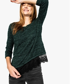 GEMO Pull femme aspect brillant avec bas en dentelle vert standard