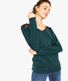 pull femme en maille fine avec strass et dos dentelle vert8366101_1