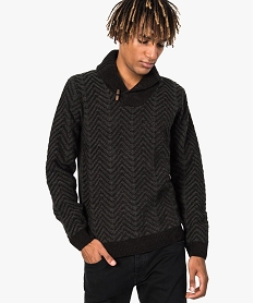 GEMO Pull homme col châle à côtes chevrons en maille chenille Noir