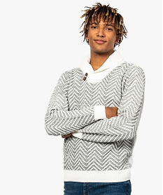 GEMO Pull homme col châle à côtes chevrons en maille chenille Beige