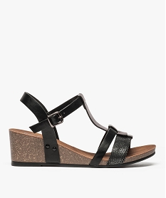 GEMO Sandales femme à talon compensé aspect liège et brides brillantes noir standard