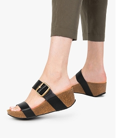 GEMO Mules femme à et talon compensé et larges brides en cuir noir standard