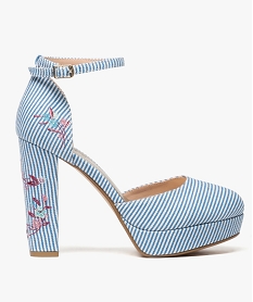 GEMO Escarpin femme en toile rayée avec plateforme et talon haut Bleu