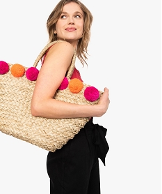 sac cabas femme en paille tressee avec pompons multicolores beige8518901_1