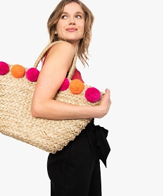 GEMO Sac cabas femme en paille tressée avec pompons multicolores Beige