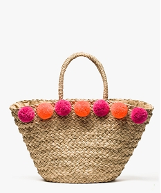 sac cabas femme en paille tressee avec pompons multicolores beige8518901_2