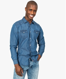 GEMO Chemise homme denim à boutons-pression et poches poitrine Bleu