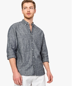 GEMO Chemise homme coupe droite et manches longues en lin mélangé Gris