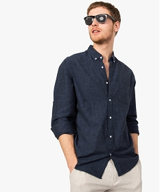 GEMO Chemise homme coupe droite et manches longues en lin mélangé Bleu