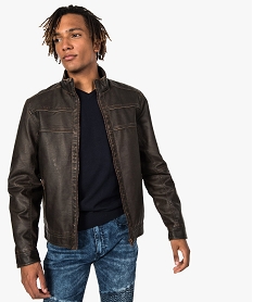 GEMO Blouson homme zippé style motard imitation cuir Brun