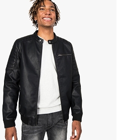 GEMO Blouson homme biker imitation cuir à capuche jersey amovible Noir