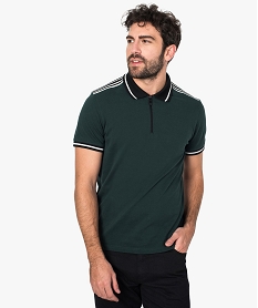 polo homme en maille piquee a rayures et fermeture zippee vert8550201_1