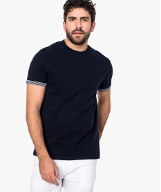 GEMO Tee-shirt homme à rayures en relief et manches courtes à revers Bleu