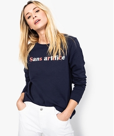 sweat femme en coton biologique avec motif sur lavant bleu8569501_1