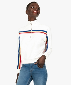 GEMO Sweat femme avec col zippé et bande multicolore sur le buste Blanc