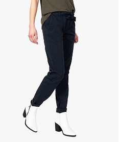 GEMO Pantalon femme chino en toile extensible avec ceinture à nouer Bleu