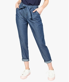 GEMO Pantalon femme coupe large avec ceinture à nouer Bleu