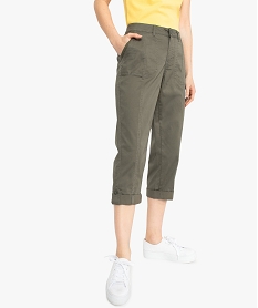 GEMO Pantacourt femme en coton twill à revers et patte boutonnée Vert