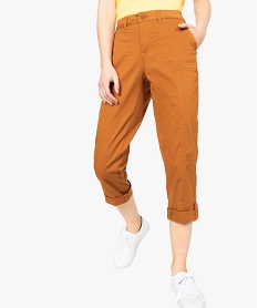 GEMO Pantacourt femme en coton twill à revers et patte boutonnée marron standard