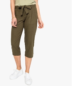 GEMO Pantacourt femme en lin avec taille à nouer kaki standard