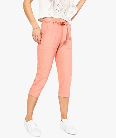 GEMO Pantacourt femme en lin avec taille à nouer Orange