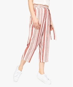 GEMO Pantacourt femme large en lin rayé avec ceinture à nouer kaki chine