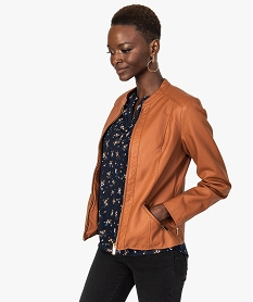 GEMO Blouson femme uni cuir imitation zippé devant marron vif