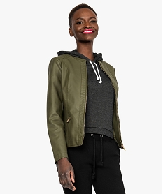 GEMO Blouson femme uni cuir imitation zippé devant kaki standard