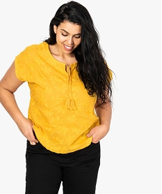 tunique femme sans manches a broderie fleurie ton sur ton jaune8597501_1