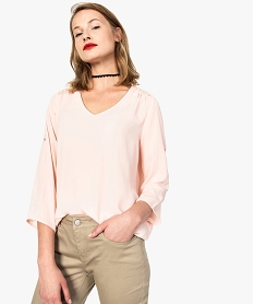 GEMO Tunique femme fluide à col V et manches retroussables Rose