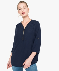 GEMO Tunique femme encolure V zippée et manches retroussables Bleu