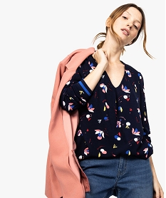 GEMO Blouse femme imprimée avec finitions bords-côtes kaki fonce