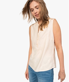 GEMO Chemise femme sans manches en lin avec dos dentelle Beige