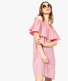 GEMO Robe femme trapèze en lyocell avec col bateau à volant Rose