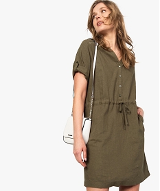 GEMO Robe femme en lin avec manches courtes et col V Vert